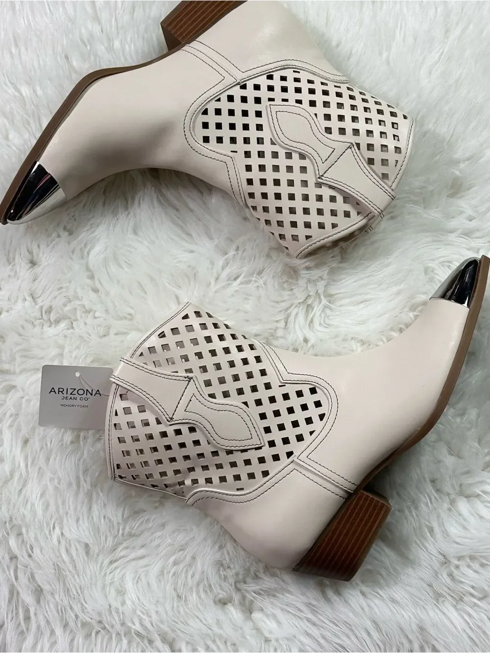 Arizona Jean Company Cream Cutout Western Ankle Boots with Metallic Toe Cap